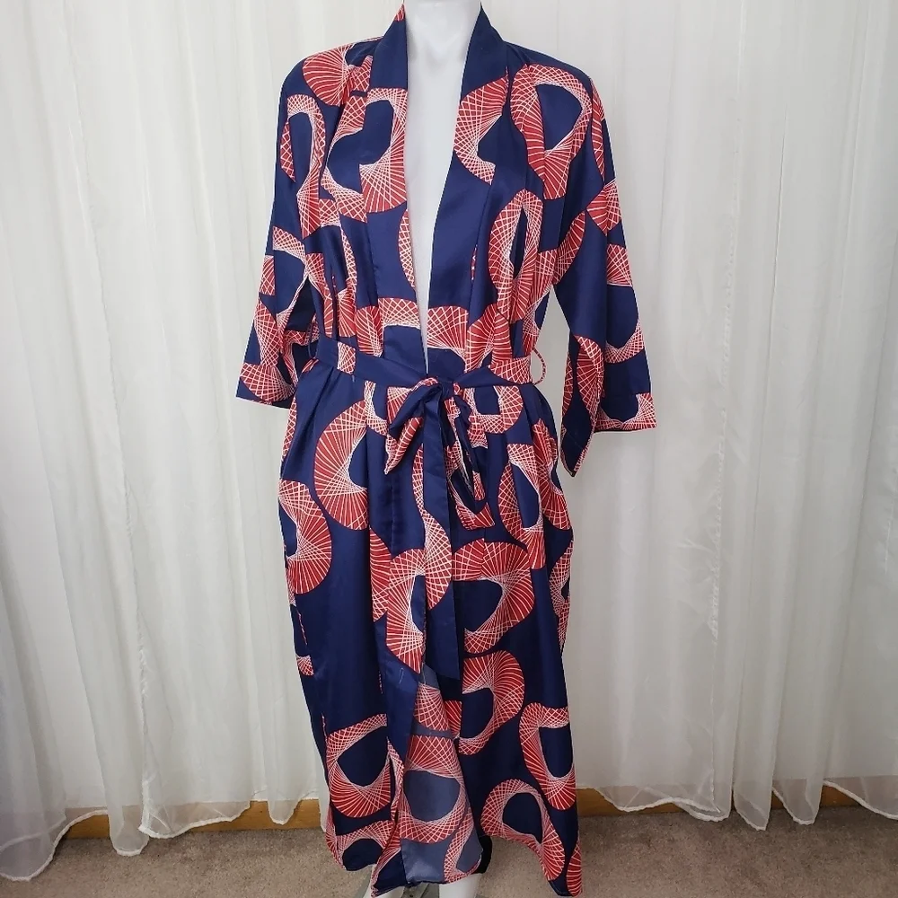 Vintage B. Cohen for Saks Fifth Avenue kimono robe blue red geometric pattern - Picture 1 of 13